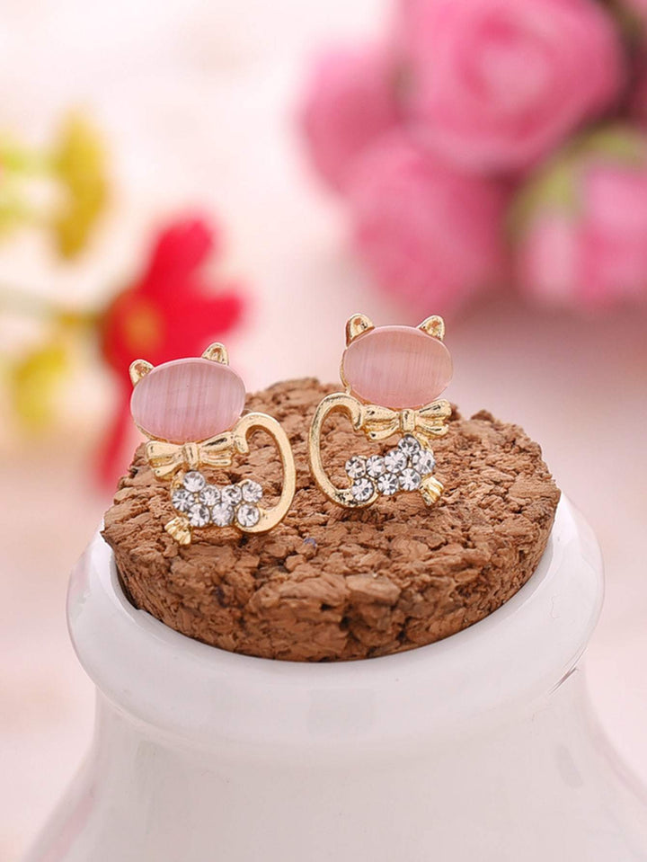 Shein- Opal & Rhinestone Decor Cat Design Stud Earrings