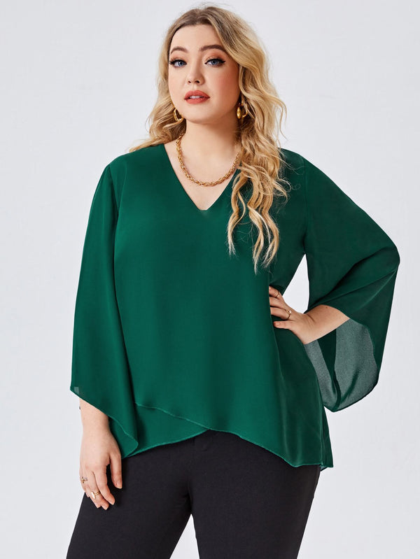 Shein- Plus V-neck Trumpet Sleeve Blouse