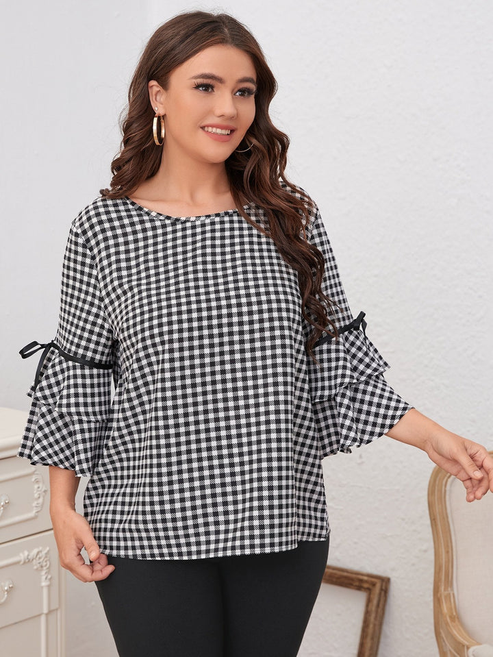 Shein- Plus Gingham Tie Side Layered Flounce Sleeve Blouse