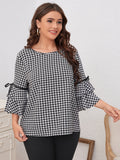 Shein - Plus Gingham Tie Side Layered Flounce Sleeve Blouse