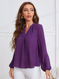 Shein-  V Neck Blouson Sleeve Solid Top