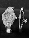 Shein - 1Pc Rhinestone Decor Round Pointer Quartz Watch & 1Pc Bracelet- Silver