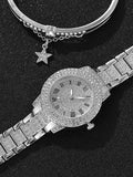 Shein- 1pc Rhinestone Decor Round Pointer Quartz Watch & 1pc Bracelet- Silver