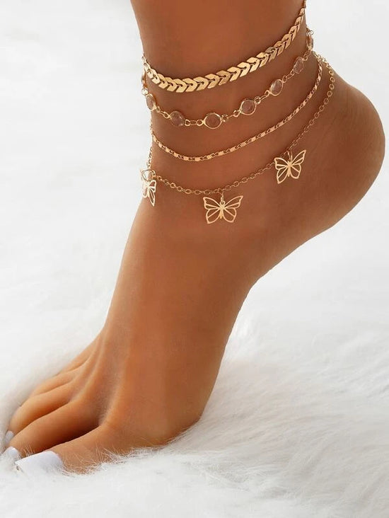 Shein- Anklet With Butterfly Pendant - 4 Pieces- Yellow Golden