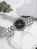 Shein - 1pc Rhinestone Decor Round Pointer Quartz Watch & 5pcs Jewelry Set Without Box