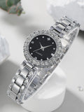 Shein - 1pc Rhinestone Decor Round Pointer Quartz Watch & 5pcs Jewelry Set Without Box