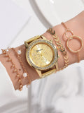 Shein - 1pc Rhinestone Decor Quartz Watch & 4pcs Bracelet