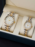 Shein - Couple's Fashionable Waterproof Rhinestone Decor Gold Strap Watch Band, Luxury Gift Set