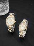 Shein - Couple's Fashionable Waterproof Rhinestone Decor Gold Strap Watch Band, Luxury Gift Set