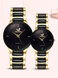 Shein - 2pcs/set Couple Watch, Men And Women's Fashionable Simple Quartz Wristwatch With Water Drill Scale On Round Dial, Gold Steel Belt In Between