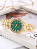 Shein - 1pc Women's Green Dial & Full Rhinestone Decor Stainless Steel Strap Quartz Watch, And 5pcs Green Square Gemstone & Full Rhinestone Decor Jewelry Set