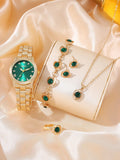 Shein - 1pc Women's Green Dial & Full Rhinestone Decor Stainless Steel Strap Quartz Watch, And 5pcs Green Square Gemstone & Full Rhinestone Decor Jewelry Set