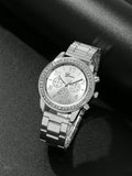 Shein - 1pc Ladies' Casual Business Quartz Wristwatch With Rhinestones, Three Subdials And Geneva Stripe Dial Design, Alloy Steel Band