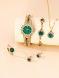 Shein - 1pc Women's Green Dial & Full Rhinestone Decor Stainless Steel Strap Quartz Watch, And 5pcs Green Square Gemstone & Full Rhinestone Decor Jewelry Set