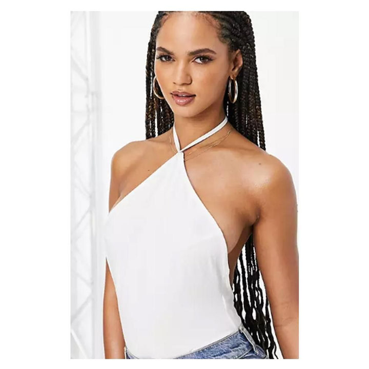 Asos-  Design Cut Away Halter Neck Bodysuit With Low Back In White