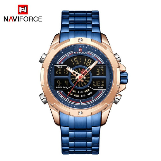 Naviforce- Nf9170 Led Display Metal Case Dual Display Watch Business Style Men Digital Watch Golden Blue