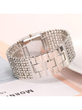 Shein - Korean Style Fashion Diamond Studded Women's Bracelet Watch, High-End Quality Women's Stainless Steel Wrist Watch With Bangle Bracelet