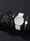 Shein - 4pcs Geneva Black & White Silicone Watch Band Couple Watch Set With Metal Chain Bracelet
