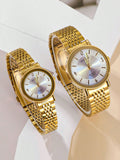 Shein - New Arrival Gold Color Couple Watch, Waterproof Steel Bracelet Korean Fashionable Simple Casual Quartz Wristwatch For Men And Women