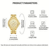 Shein - 1pc Luxury Gold Women's Quartz Watch, Full Of Diamond Details, Wave Pattern Watch Dial, Diamond And Engraving Design Strap, Life Waterproof