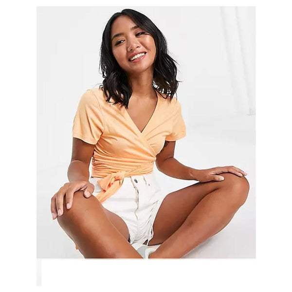 Asos- Design Petite Short Sleeve Wrap In Orange