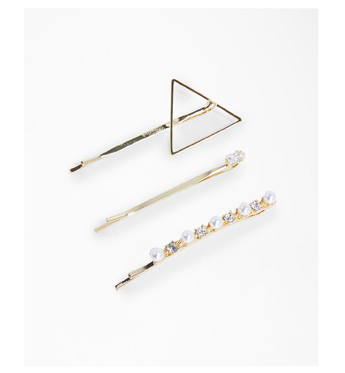Sivvi- Stock Pack of 3 Gold and White Rhinestone Hair Pins
