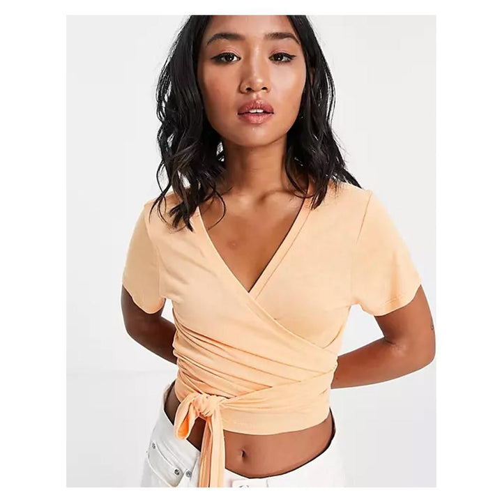 Asos- Design Petite Short Sleeve Wrap In Orange