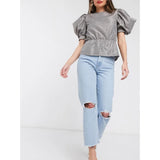 Asos- Recycled Florence Authentic Straight Leg Jeans in Bright Lightwash Blue with Rips and Raw Hem