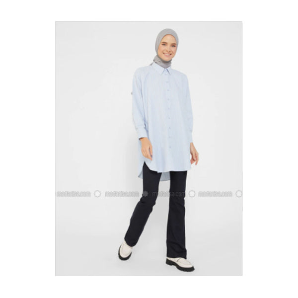 Modanisa- Refka Blue - Stripe - Point Collar - Cotton - Tunic