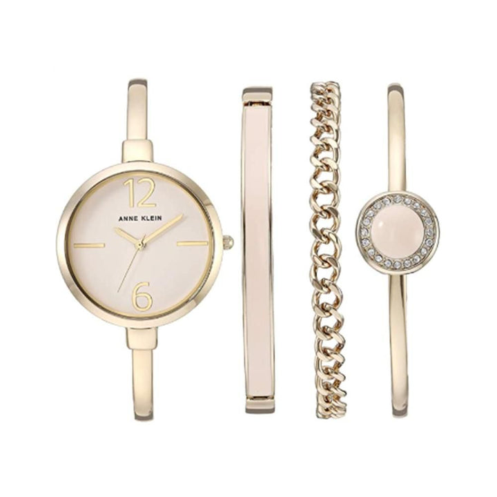 Anne Klein- Womens Bangle Watch and Premium Crystal Accented Bracelet Set (Gold/Pink)