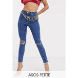 Asos Design- Petite Ridley high waist skinny jeans in bright midwash blue with rips and raw hem