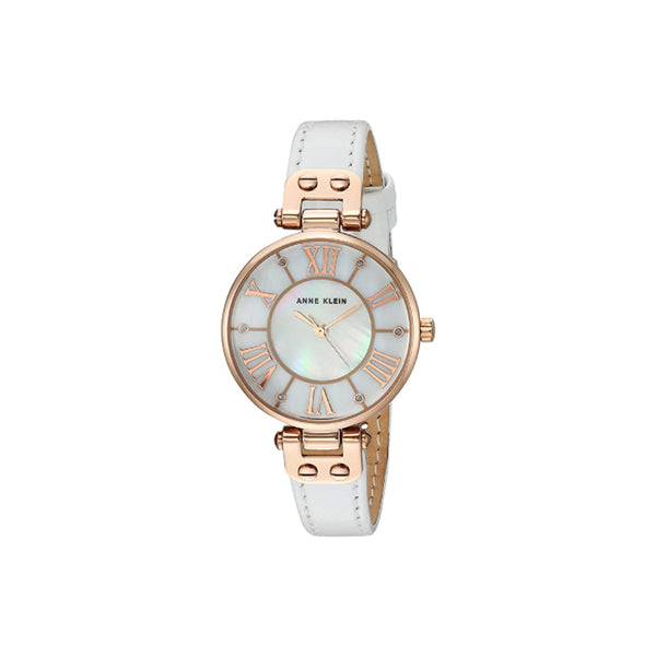 Anne Klein- Womens Glitter Accented Leather Strap Watch (White/Rose Gold)