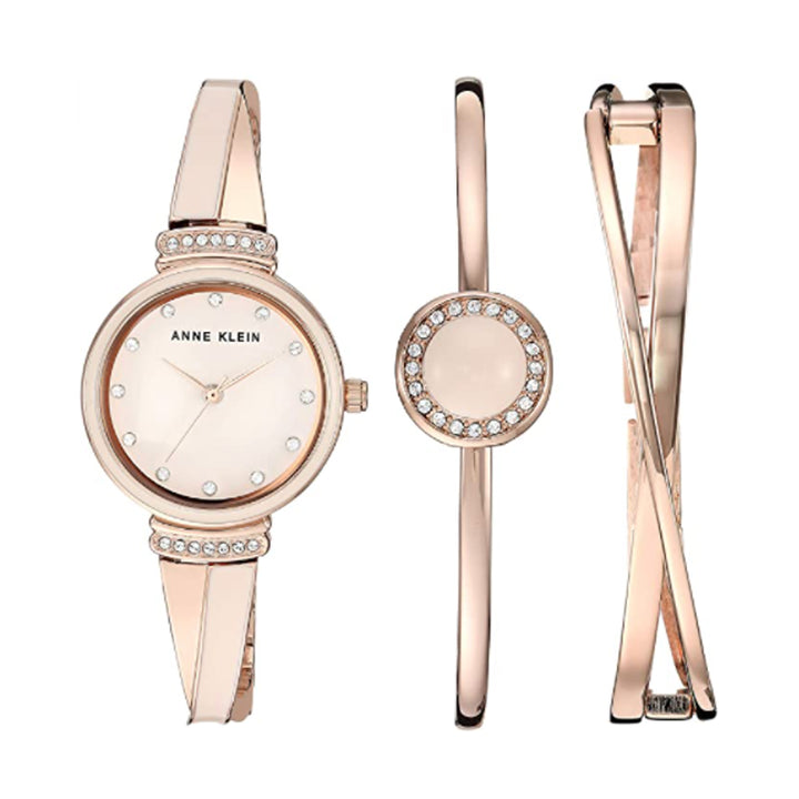 Anne Klein- Womens Premium Crystal Accented Watch and Bangle Set (Rose Gold/Pink)