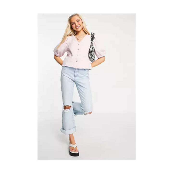 Asos- Pieces organic cotton denim top with puff sleeve in lilac