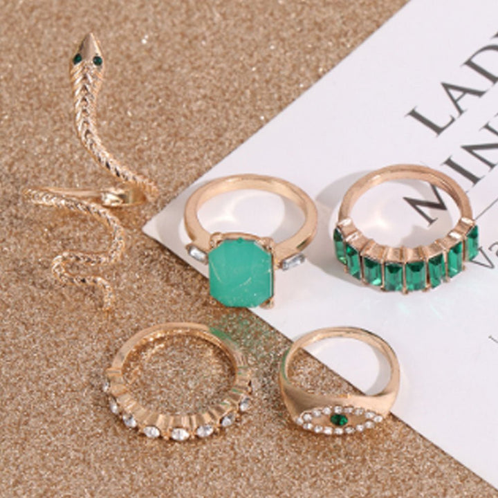 Shein- 6 Pcs /Set Green Rhinestone Rings Vintage Crystal Snake Adjustable Metal Ring