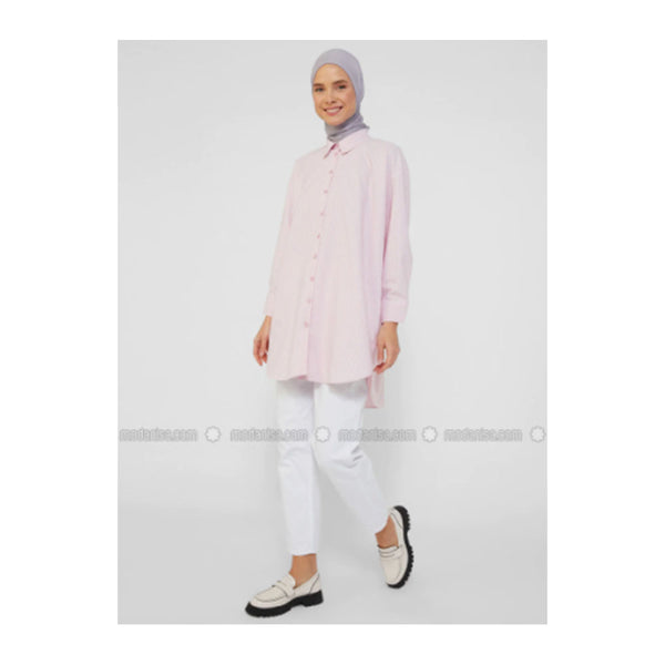 Modanisa- Refka Pink - Stripe - Point Collar - Cotton - Tunic