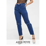 Asos- Petite Farleigh High Waisted Slim Mom Jeans With Rips in Bright Blue Wash With Raw Hem