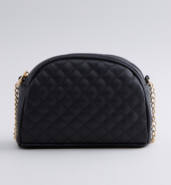 Max Fashion- Black Quilted Crossbody Bag with Zip Closure