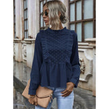 Shein - Eyelet Embroidery Ruffle Hem Babydoll Blouse-Navy Blue