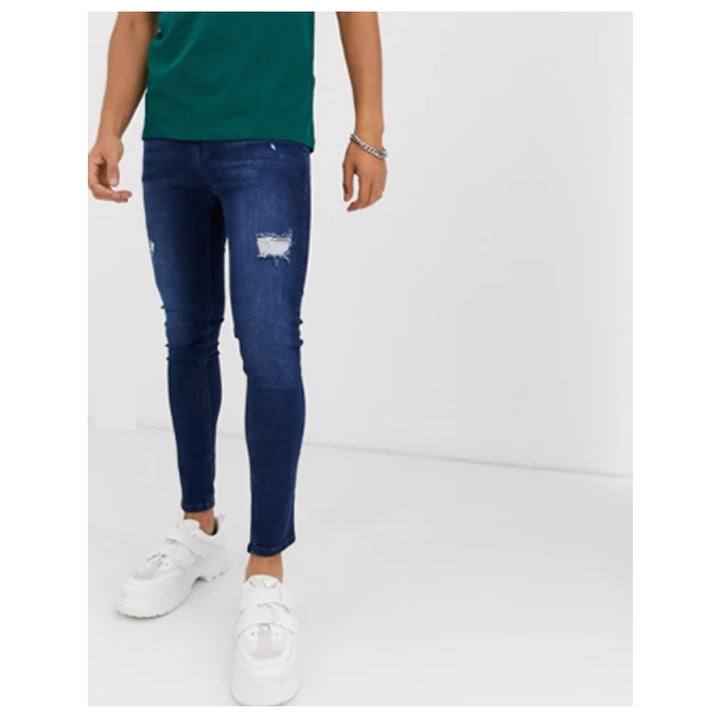 ASOS Design- spray on jeans with power stretch in dark wash blue with abrasions