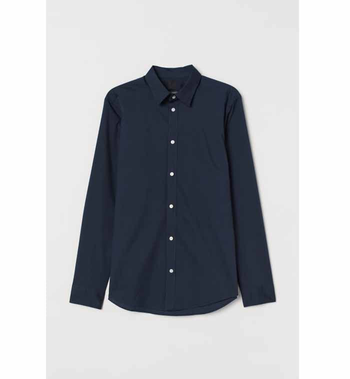 H&M- Men Slim Fit Easy-Iron Shirt- Dark Blue