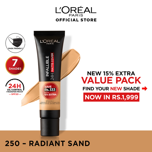 L'Oreal Paris- Infallible 24H Matte Cover Liquid Foundation - 250 Radiant Sand