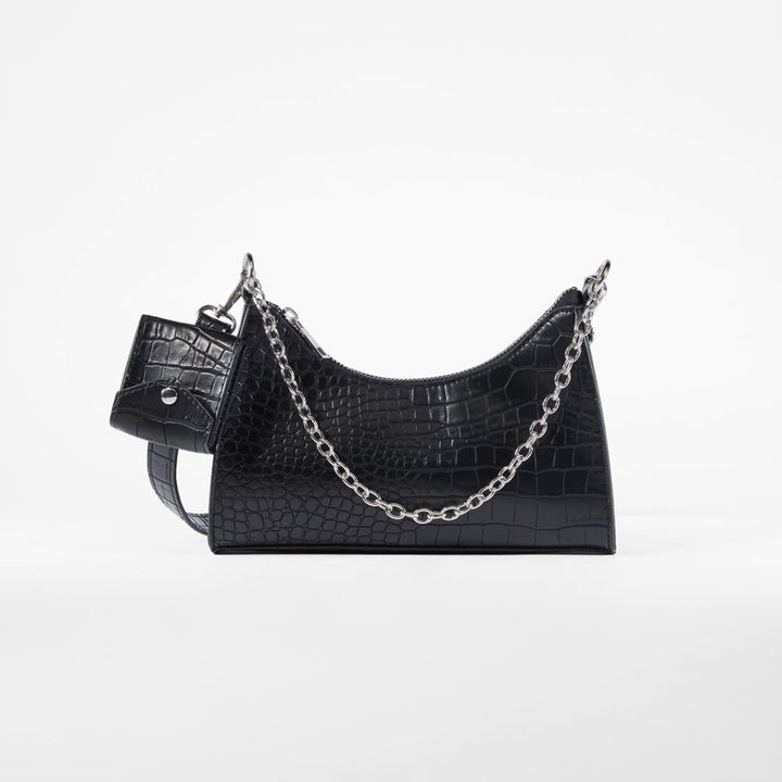 Bershka- Mock croc bag with pocket - Black