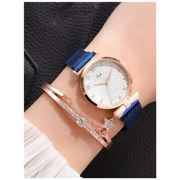 Shein- 1pc Mesh Strap Round Pointer Quartz Watch & 1pc Bracelet