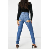 Asos Design- Femme Luxe Straight Leg Jean With Distressed Bum Detail in Mid Wash