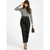 Max Fashion- Black Solid High Waist Paper Bag Pants with Belt
