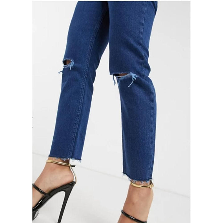 Asos Design- Petite Farleigh High Waisted Slim Mom Jeans With Rips in Bright Blue Wash With Raw Hem