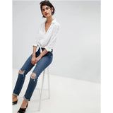 Asos Design- Kimmi Shrunken Boyfriend Jeans In Misty Aged Vintage Wash With Busts And Rips