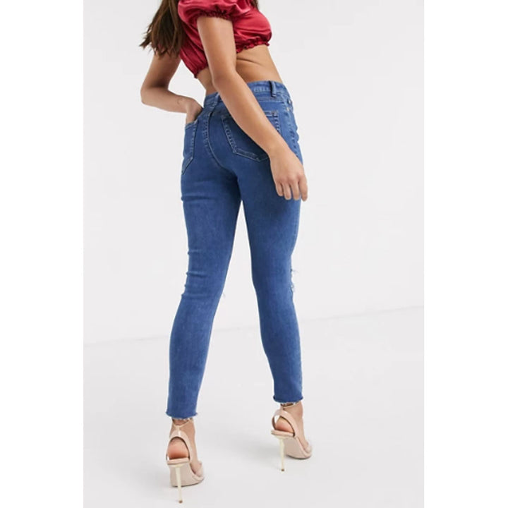 Asos Design- Petite Ridley high waist skinny jeans in bright midwash blue with rips and raw hem