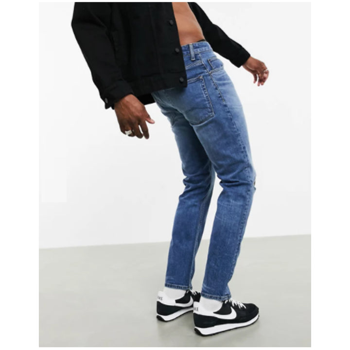 ASOS Design- Responsible Edit slim jeans in mid wash blue with abrasions